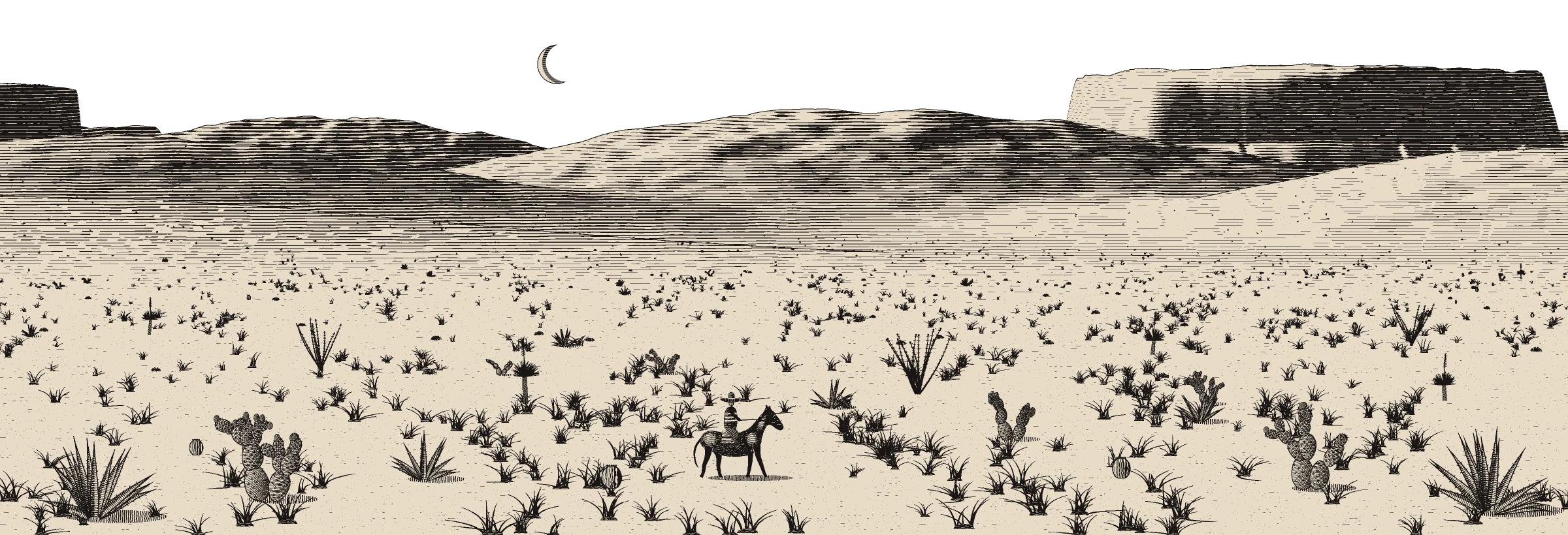 Engraved desert at dusk: mesas and rolling hills, agave and prickly pear, a rider in a sombrero under a crescent moon.